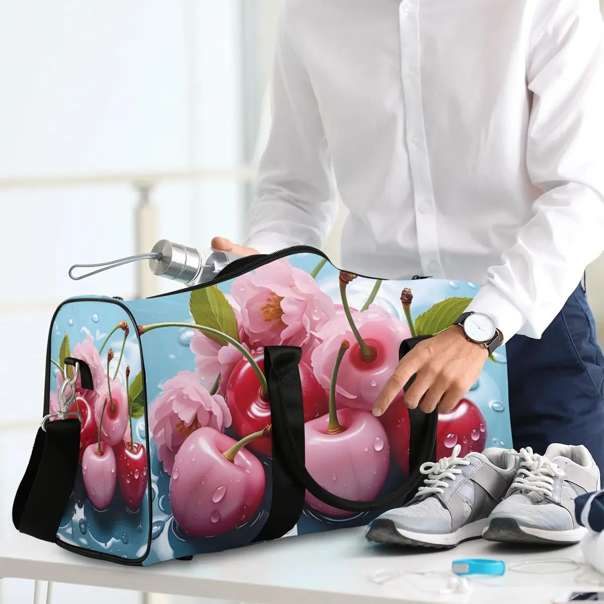 Cherry Travel Duffel Bag for Women Men Waterproof Foldable Overnight Weekender Bag Large Capacity Sports Gym Bag