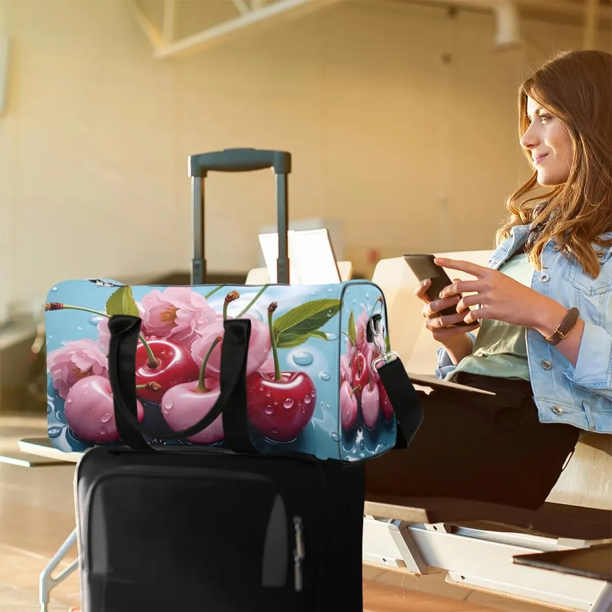 Cherry Travel Duffel Bag for Women Men Waterproof Foldable Overnight Weekender Bag Large Capacity Sports Gym Bag