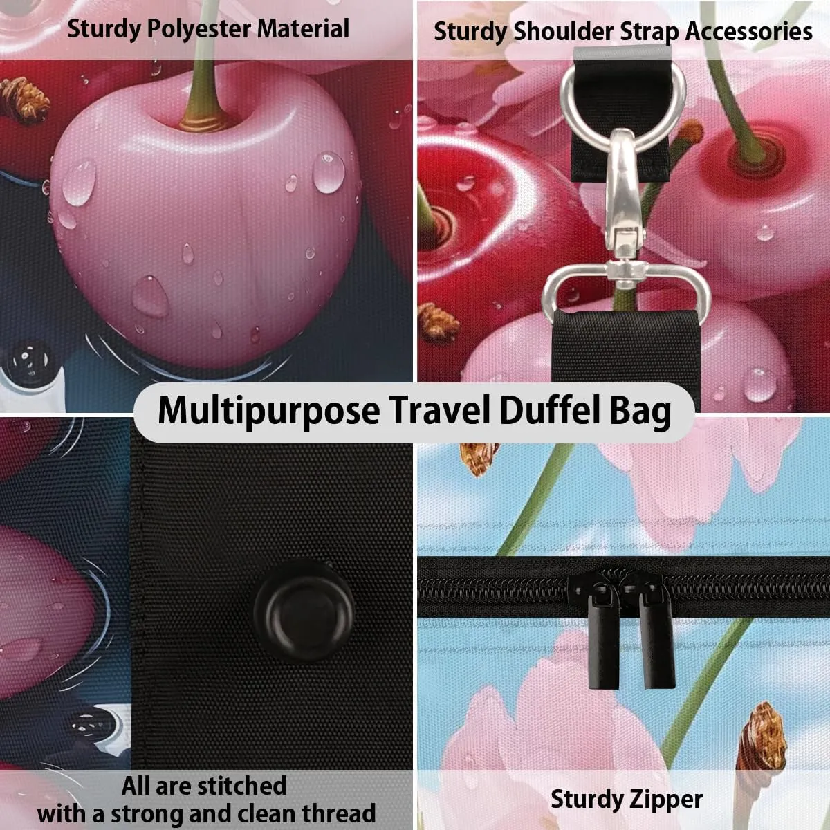 Cherry Travel Duffel Bag for Women Men Waterproof Foldable Overnight Weekender Bag Large Capacity Sports Gym Bag