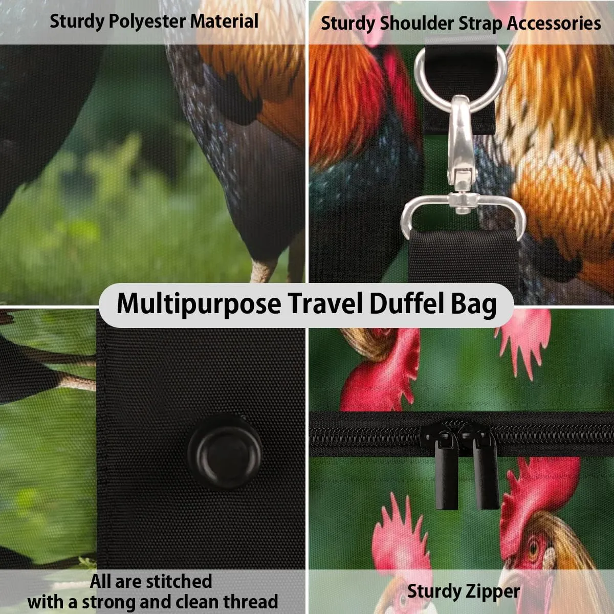 Chicken Rooster Print Travel Duffel Bag for Women Men Waterproof Foldable Overnight Weekender Bag Large Capacity Sports Gym Bag