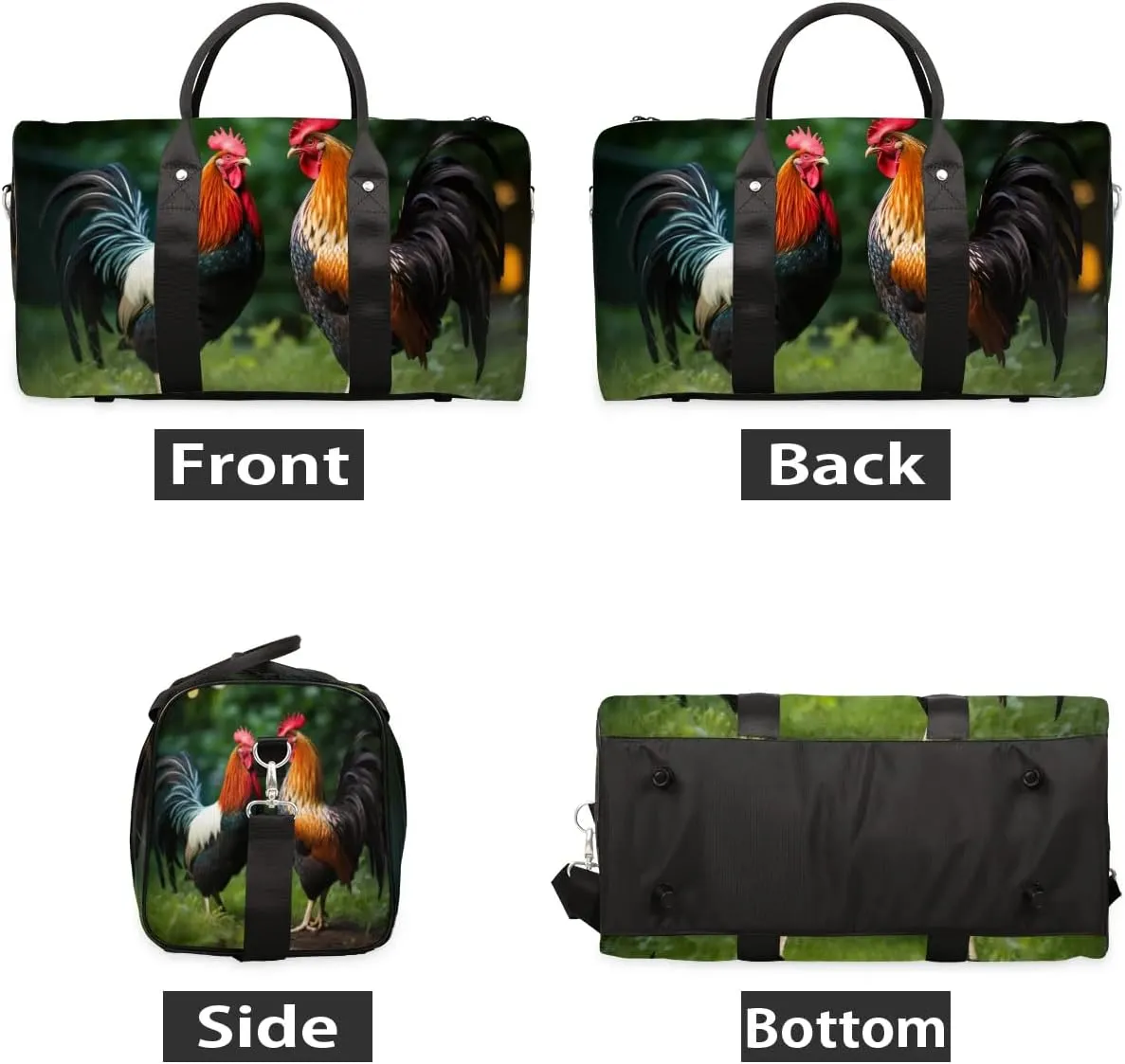 Chicken Rooster Print Travel Duffel Bag for Women Men Waterproof Foldable Overnight Weekender Bag Large Capacity Sports Gym Bag