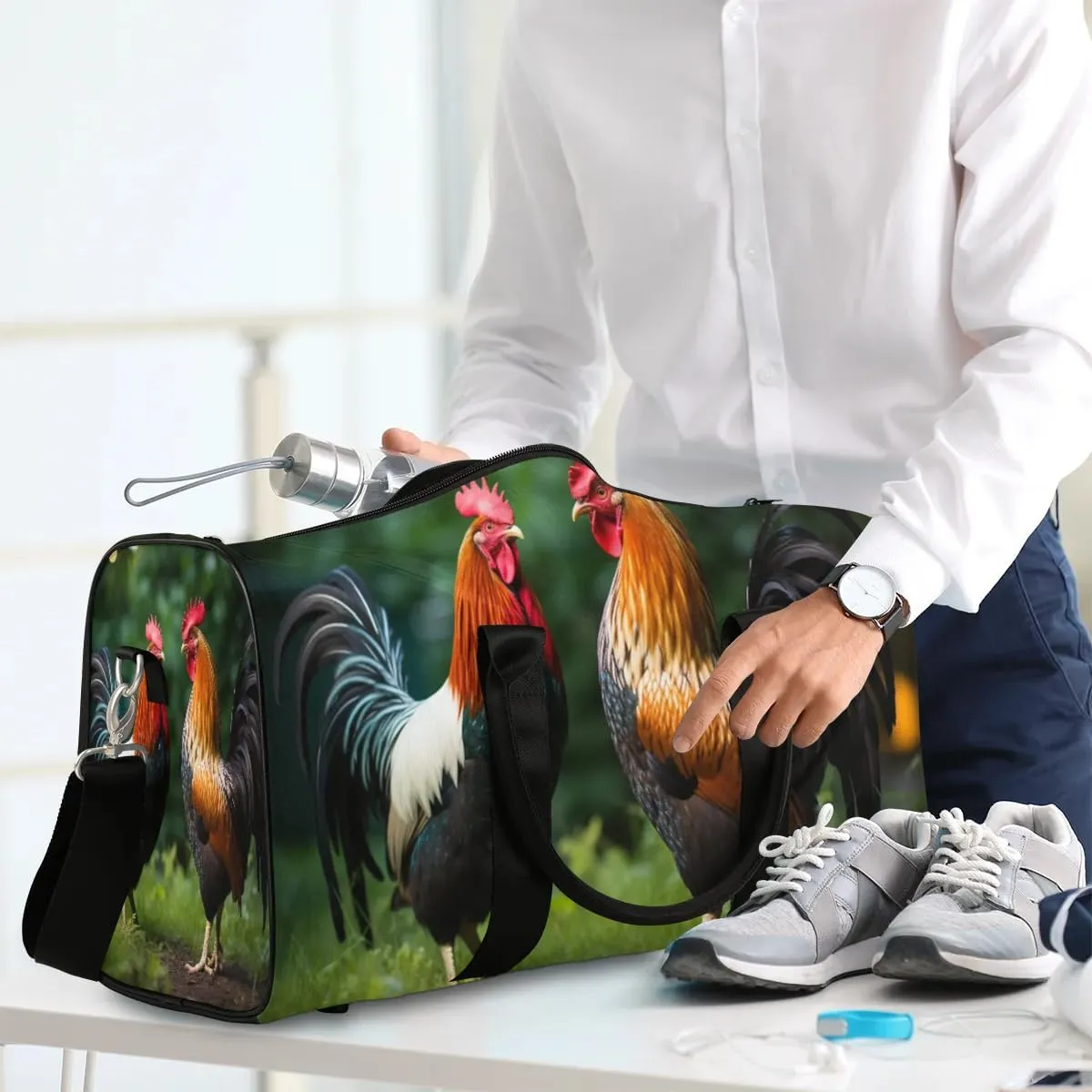 Chicken Rooster Print Travel Duffel Bag for Women Men Waterproof Foldable Overnight Weekender Bag Large Capacity Sports Gym Bag
