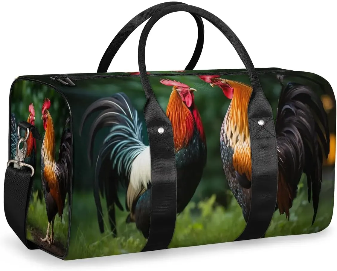 Chicken Rooster Print Travel Duffel Bag for Women Men Waterproof Foldable Overnight Weekender Bag Large Capacity Sports Gym Bag