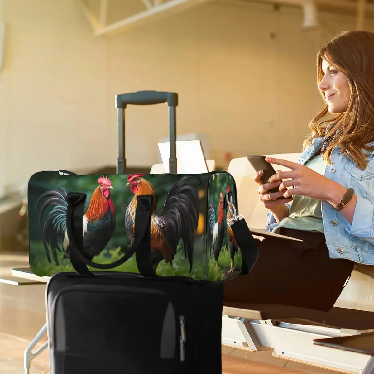 Chicken Rooster Print Travel Duffel Bag for Women Men Waterproof Foldable Overnight Weekender Bag Large Capacity Sports Gym Bag