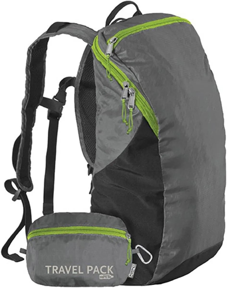 ChicoBag Travel Pack rePETe Recycled Backpack w/Built-In Pouch & Carabiner Clip | Perfect for Outdoor Activities | Eco-Conscious Packable Reusable Bookbag | Stormfront (Pack of 1)