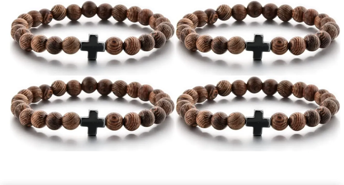 Christian Prayer Beads Bracelet – 25 Small 6MM Wooden Beads & Cross – Our Smallest Size! 4 Pack!, Brown
