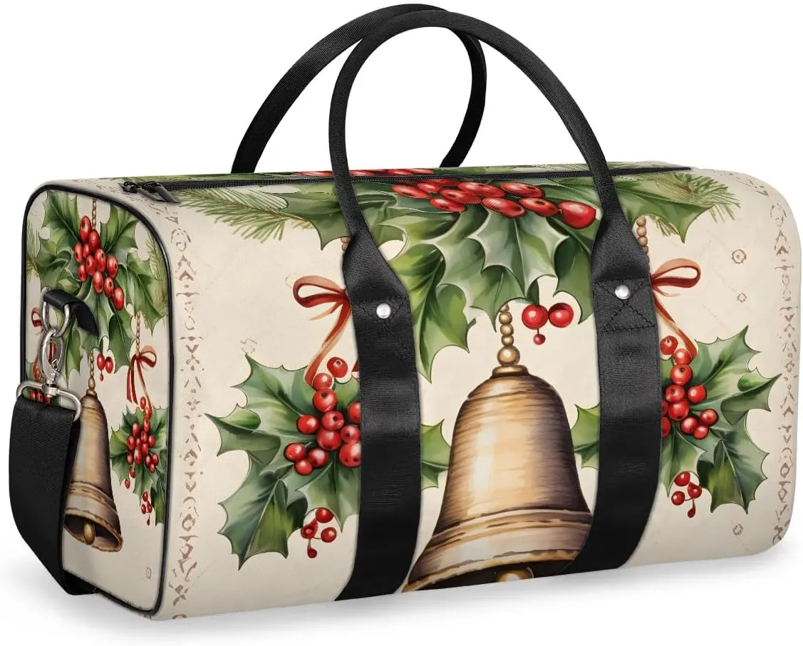 Christmas Bell Leaf Travel Duffel Bag for Women Men Waterproof Foldable Overnight Weekender Bag Large Capacity Sports Gym Bag