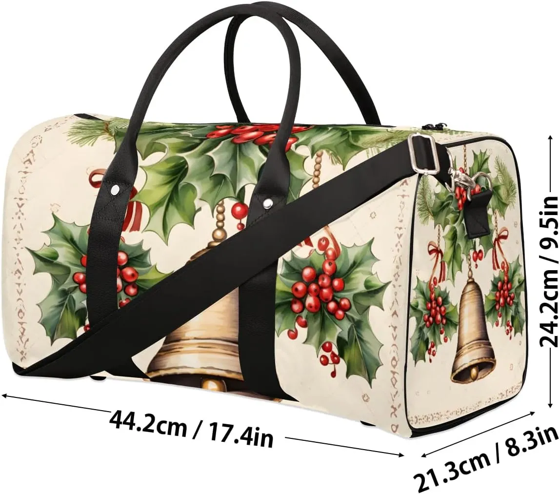 Christmas Bell Leaf Travel Duffel Bag for Women Men Waterproof Foldable Overnight Weekender Bag Large Capacity Sports Gym Bag