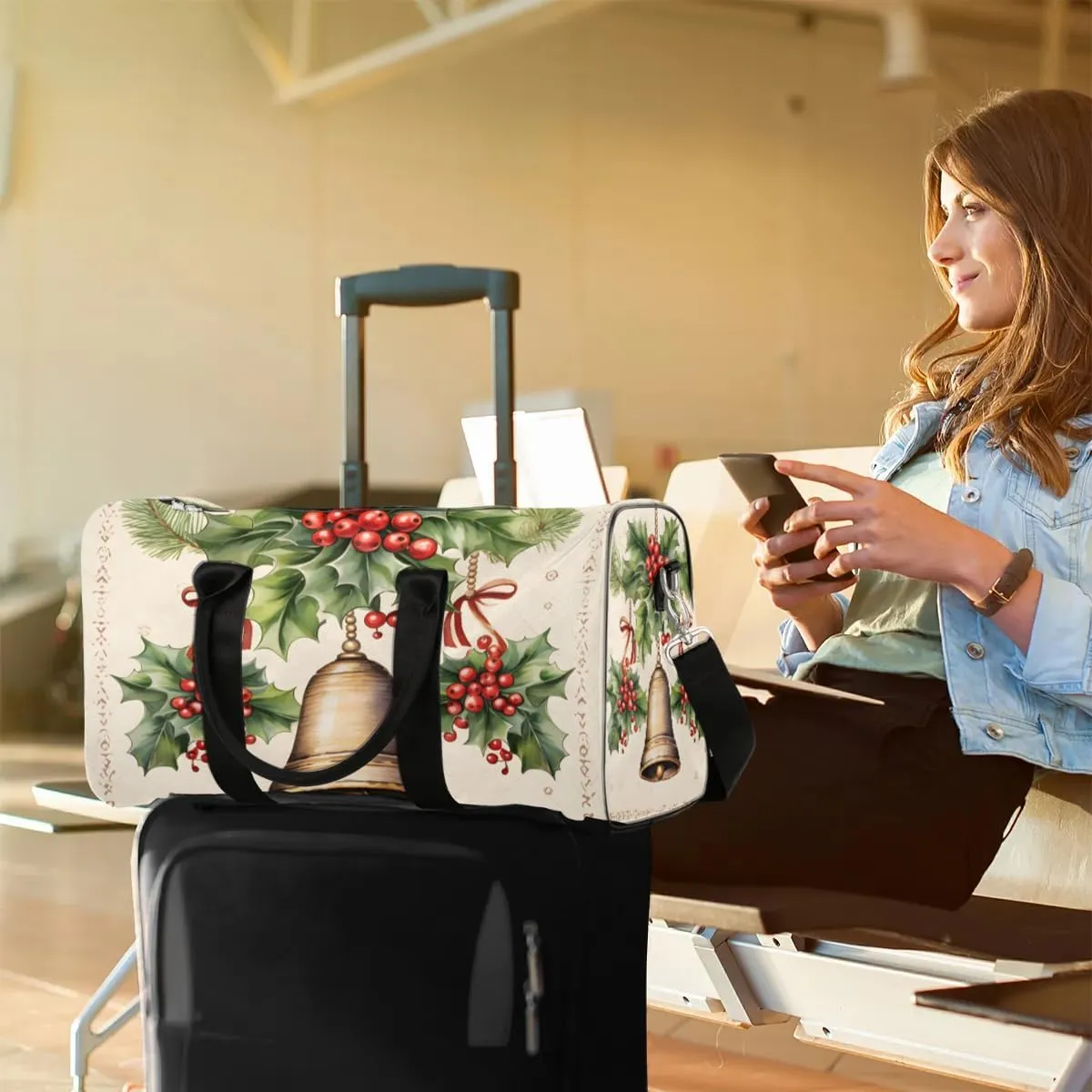 Christmas Bell Leaf Travel Duffel Bag for Women Men Waterproof Foldable Overnight Weekender Bag Large Capacity Sports Gym Bag
