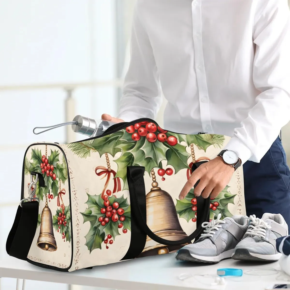 Christmas Bell Leaf Travel Duffel Bag for Women Men Waterproof Foldable Overnight Weekender Bag Large Capacity Sports Gym Bag