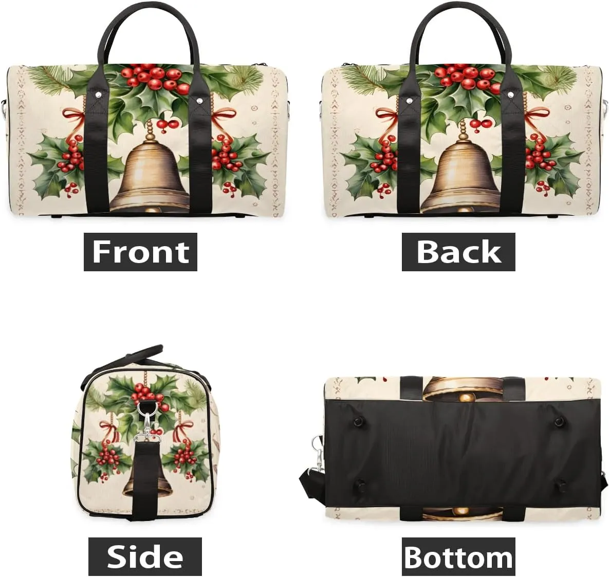 Christmas Bell Leaf Travel Duffel Bag for Women Men Waterproof Foldable Overnight Weekender Bag Large Capacity Sports Gym Bag