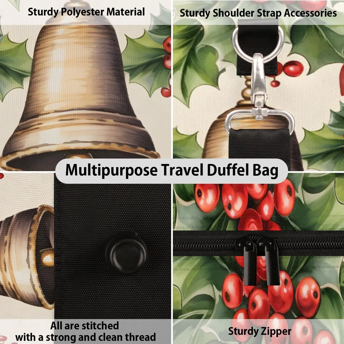 Christmas Bell Leaf Travel Duffel Bag for Women Men Waterproof Foldable Overnight Weekender Bag Large Capacity Sports Gym Bag
