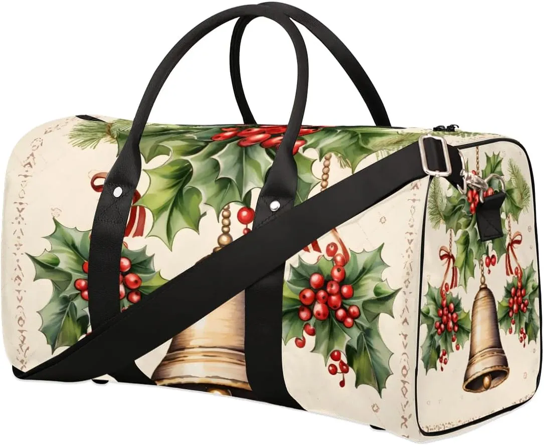 Christmas Bell Leaf Travel Duffel Bag for Women Men Waterproof Foldable Overnight Weekender Bag Large Capacity Sports Gym Bag