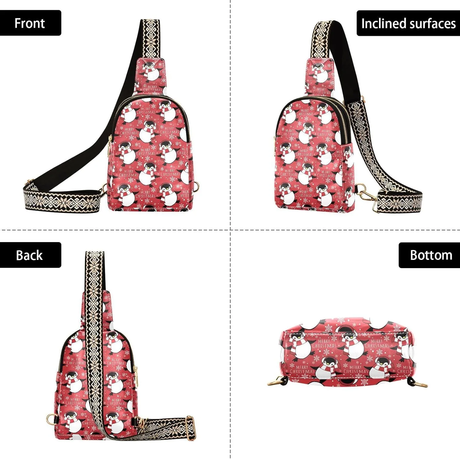 Christmas Penguins Scarf Trendy Crossbody Bag Fashion Waist Packs Winter Snowflake Cross Body Leather Chest Bag for Women Fanny Pack Travel Outdoor Crossbody Sling Bag