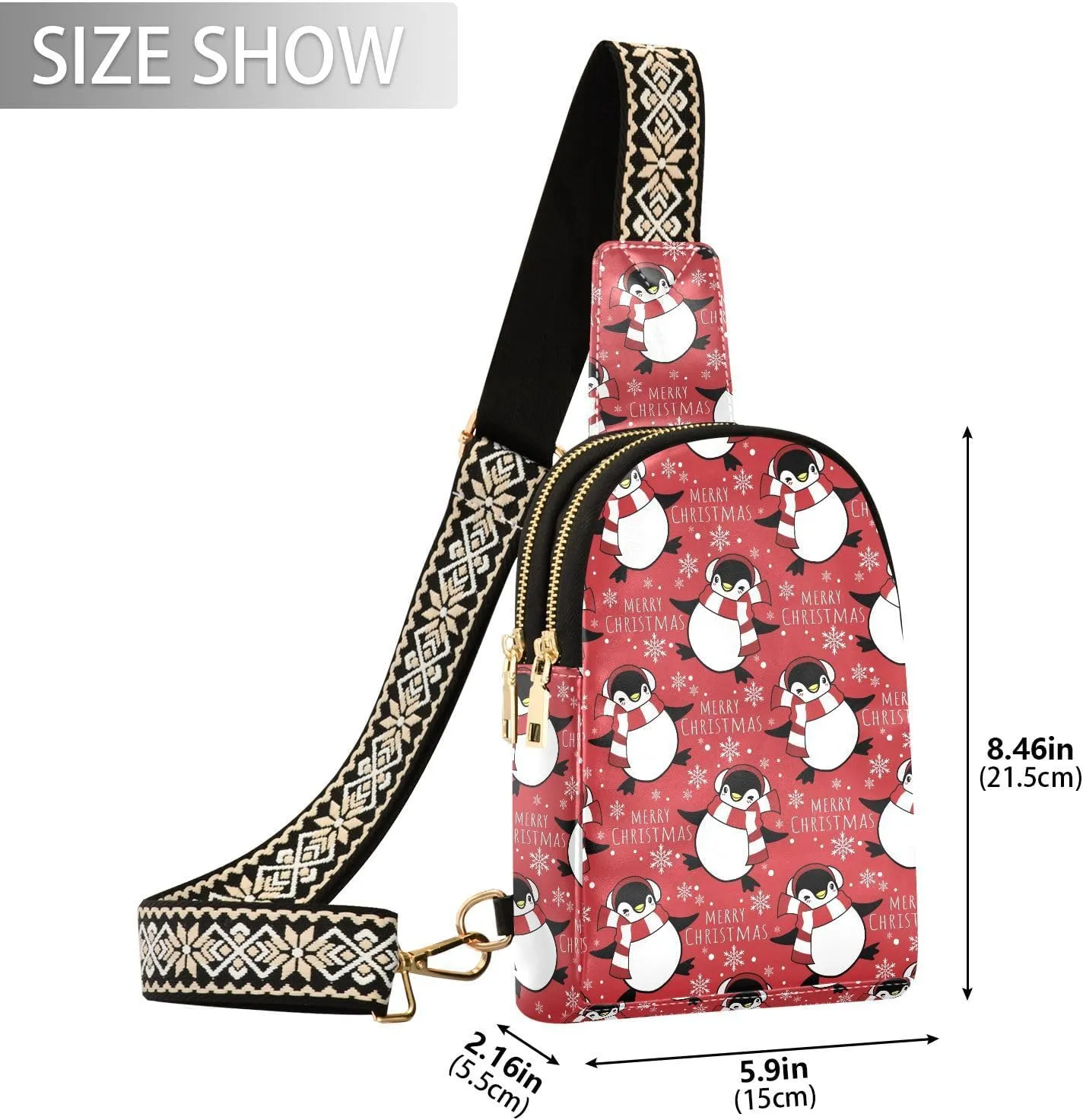 Christmas Penguins Scarf Trendy Crossbody Bag Fashion Waist Packs Winter Snowflake Cross Body Leather Chest Bag for Women Fanny Pack Travel Outdoor Crossbody Sling Bag