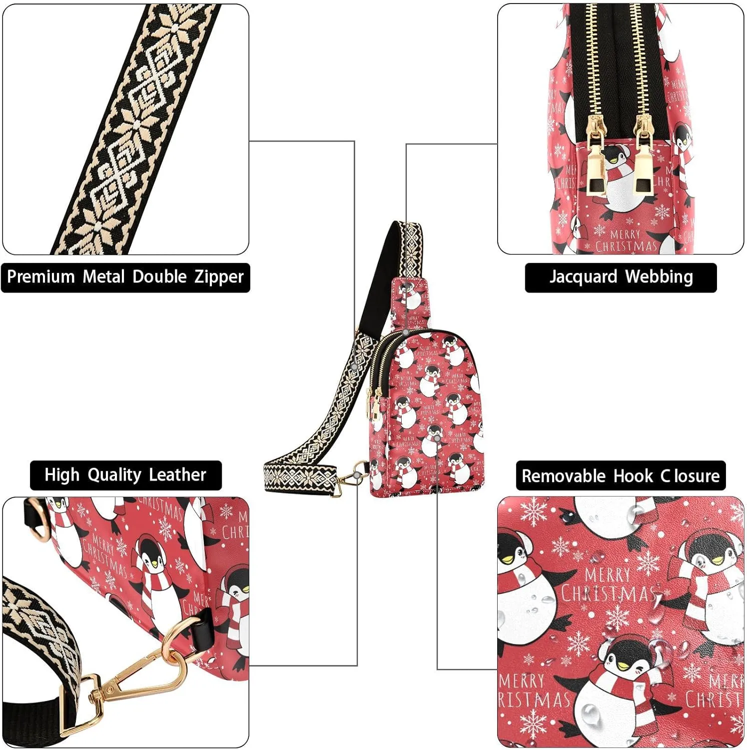 Christmas Penguins Scarf Trendy Crossbody Bag Fashion Waist Packs Winter Snowflake Cross Body Leather Chest Bag for Women Fanny Pack Travel Outdoor Crossbody Sling Bag