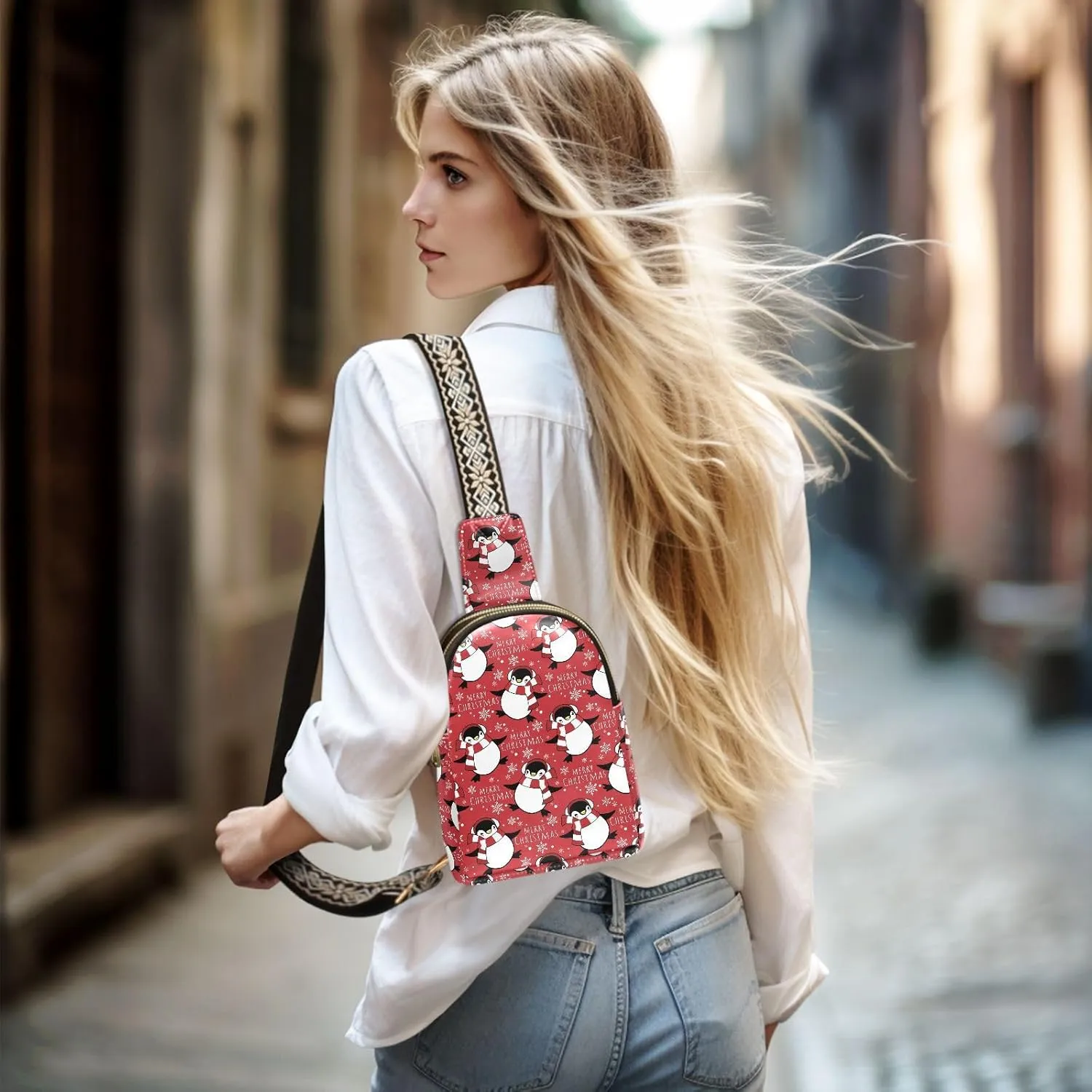 Christmas Penguins Scarf Trendy Crossbody Bag Fashion Waist Packs Winter Snowflake Cross Body Leather Chest Bag for Women Fanny Pack Travel Outdoor Crossbody Sling Bag