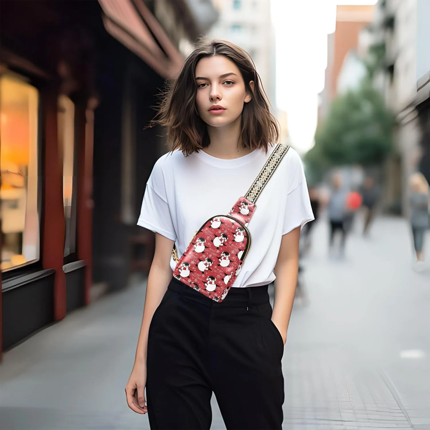 Christmas Penguins Scarf Trendy Crossbody Bag Fashion Waist Packs Winter Snowflake Cross Body Leather Chest Bag for Women Fanny Pack Travel Outdoor Crossbody Sling Bag
