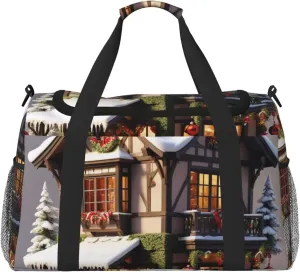 Christmas Village House Print Travel Duffle Bag - Foldable Personal Item Travel Bag for Women & Men,Carry-On Convertible Crossbody Tote Bags with Adjustable Shoulder Strap & Pockets 13x10.2x19.7 in