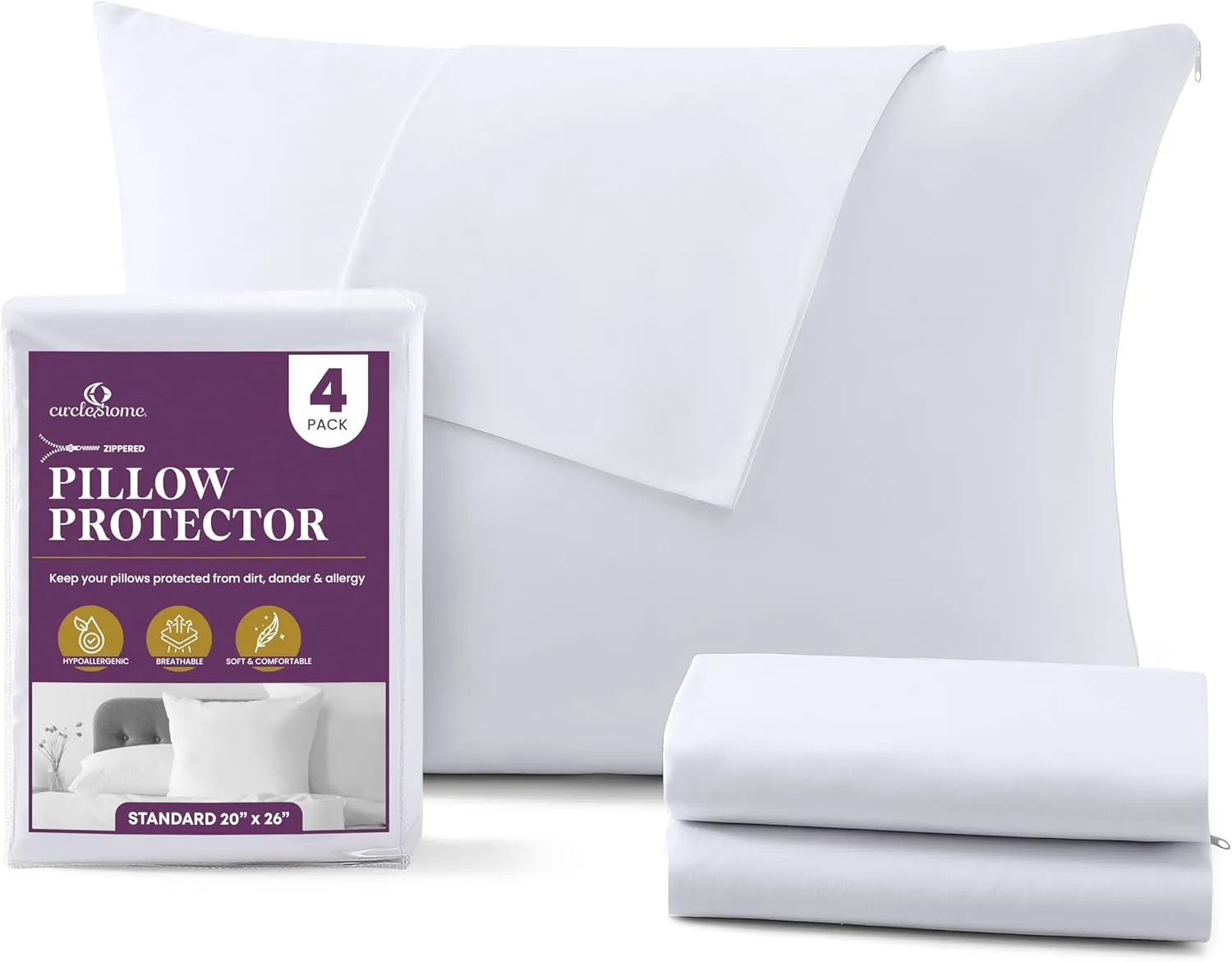CirclesHome Pillow Protectors 4 Pack Standard Zippered - 100% Cotton Breathable Pillowcases - Protects Pillows from Dirt, Dust and Debris (Standard - Set of 4 - 20x26)