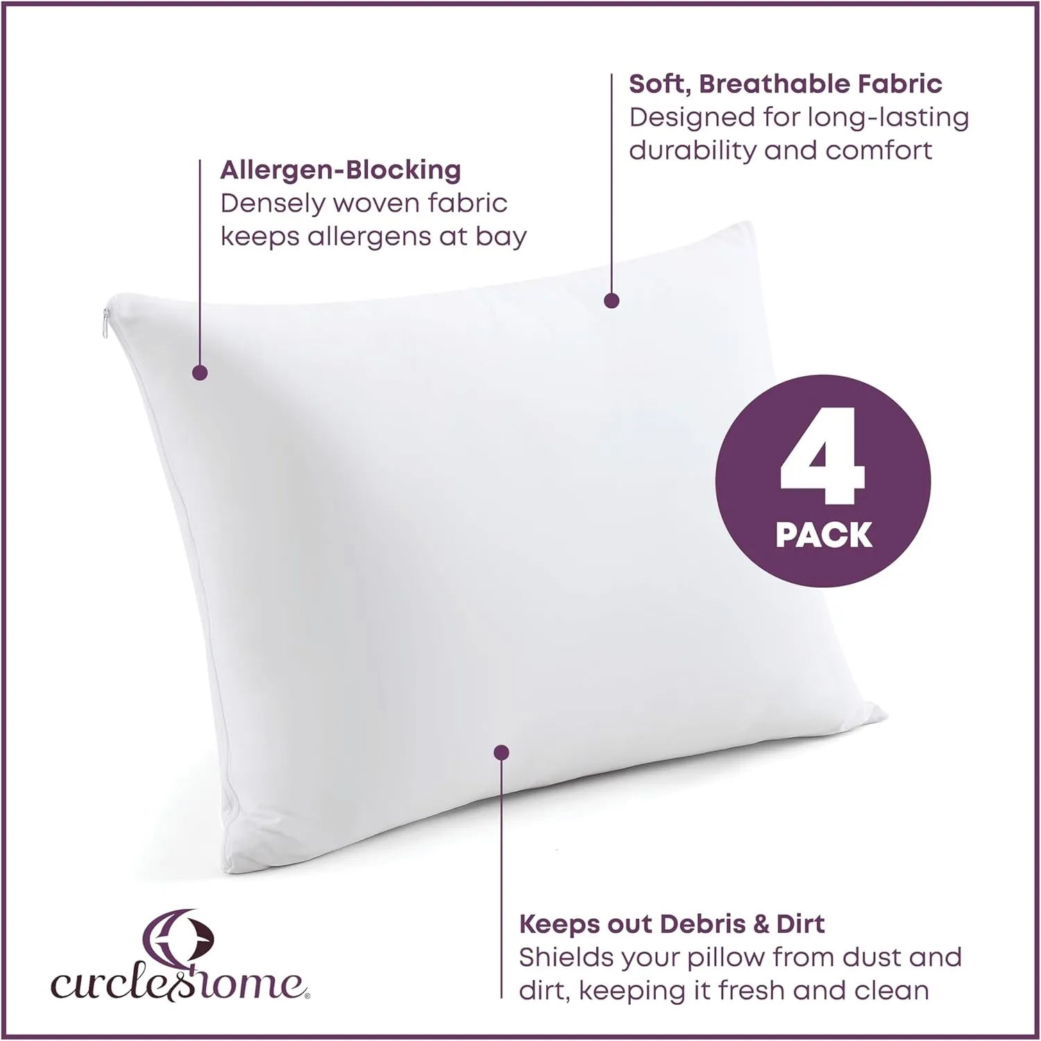 CirclesHome Pillow Protectors 4 Pack Standard Zippered - 100% Cotton Breathable Pillowcases - Protects Pillows from Dirt, Dust and Debris (Standard - Set of 4 - 20x26)