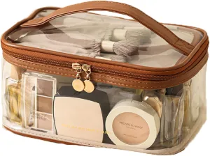 Clear Makeup Organizer Bag, Double Layer Cosmetic Bag with Handle, Portable Makeup Organizer Bag Cosmetic Travel Bag with Divider Makeup Brush Compartment Skin Care Bag for Traveling