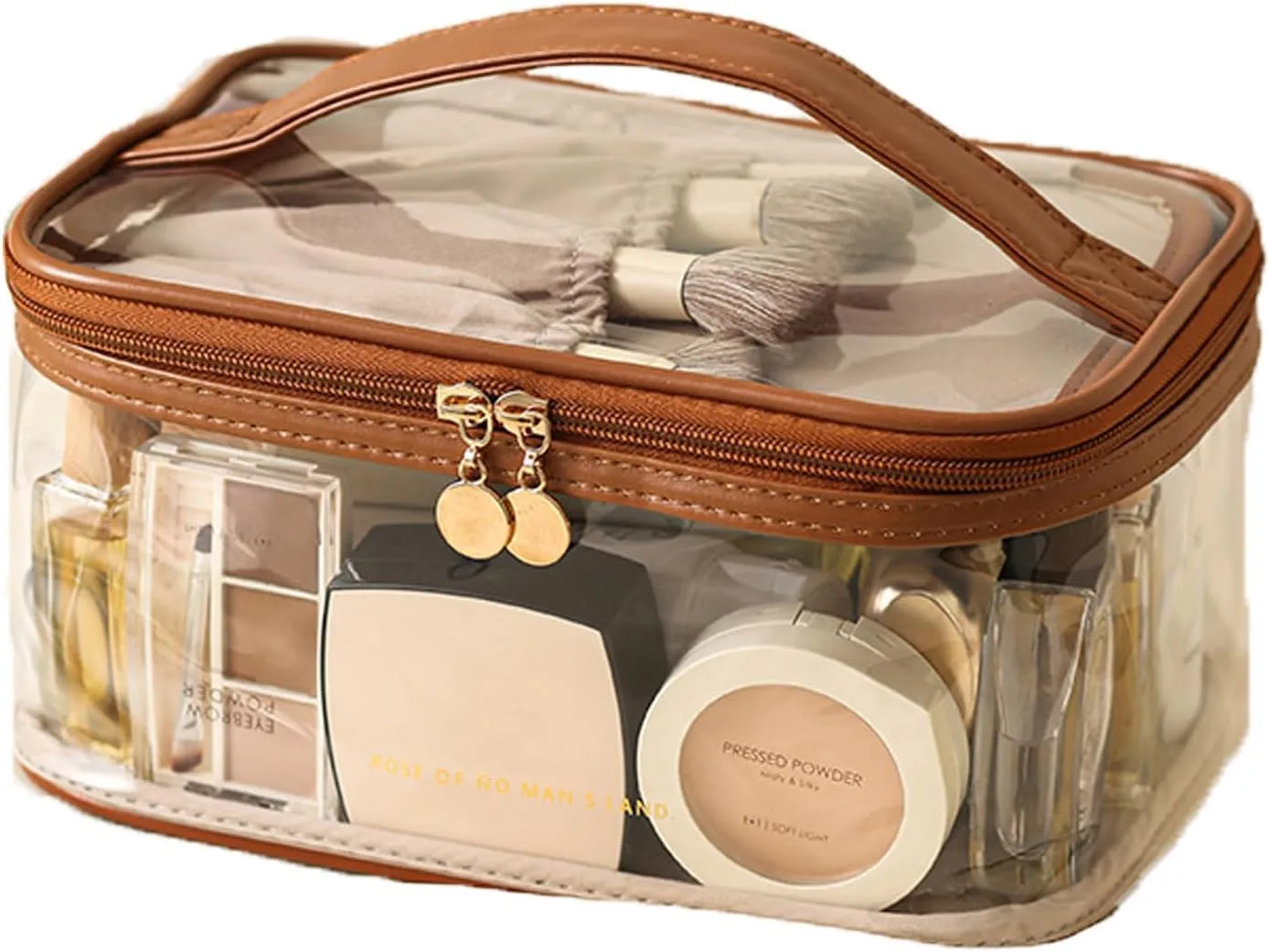 Clear Makeup Organizer Bag, Double Layer Cosmetic Bag with Handle, Portable Makeup Organizer Bag Cosmetic Travel Bag with Divider Makeup Brush Compartment Skin Care Bag for Traveling
