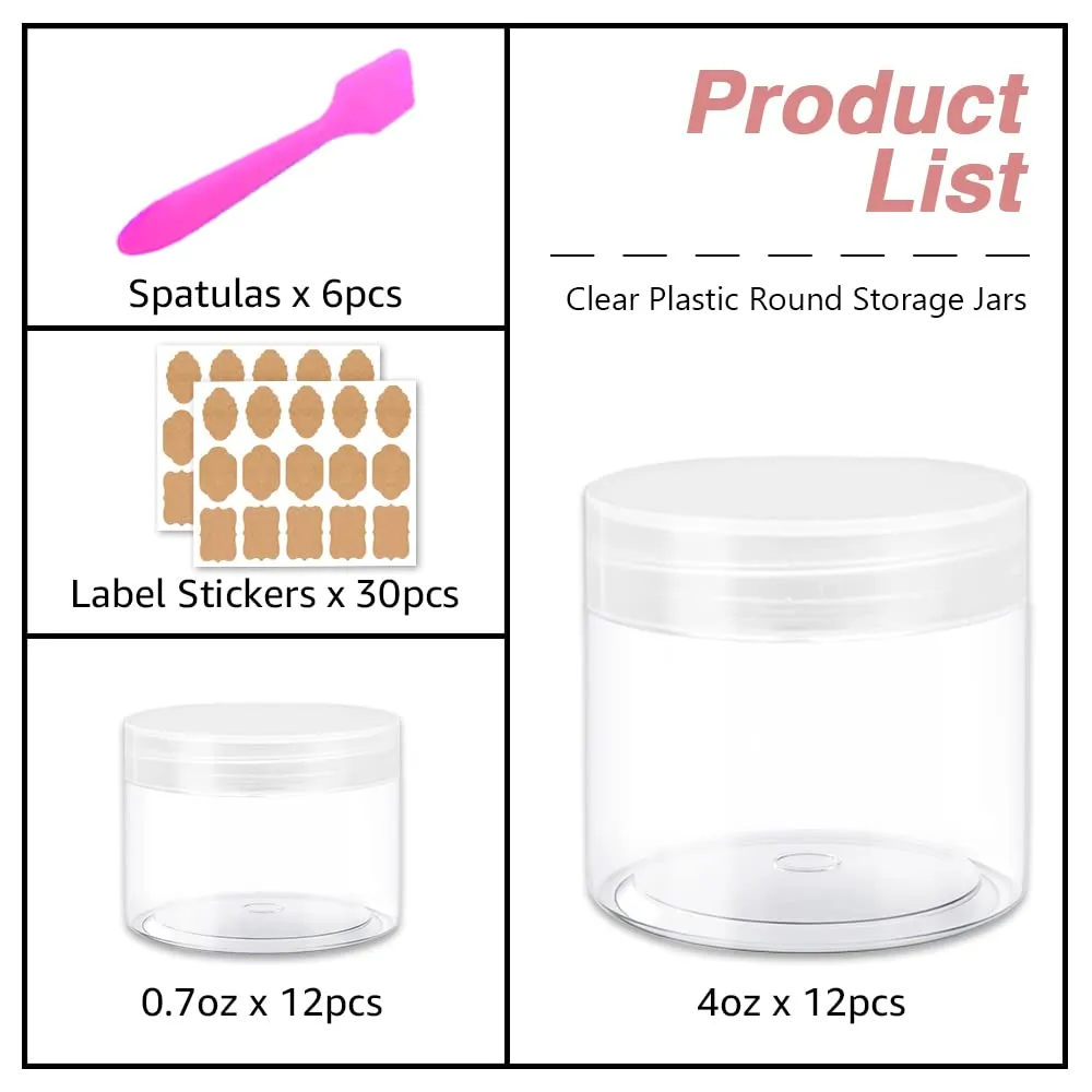 Clear Plastic Containers with Lids - 4 oz Small Jars   20g/20ml Containers (Set of 24) - Cosmetic Sample Jar for Lip Scrub, Body Butters, Cream, Slime, Craft Storage