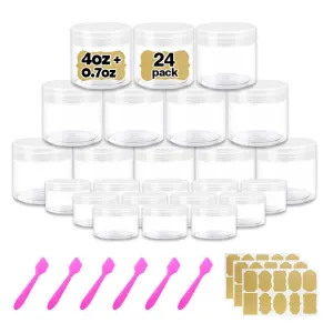 Clear Plastic Containers with Lids - 4 oz Small Jars   20g/20ml Containers (Set of 24) - Cosmetic Sample Jar for Lip Scrub, Body Butters, Cream, Slime, Craft Storage