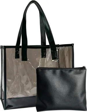clear pvc tote bag with fabric bottom with Leather Pouch Clear Beach Tote Bag for Swimming Pool Gym Summer Vacation Essentials