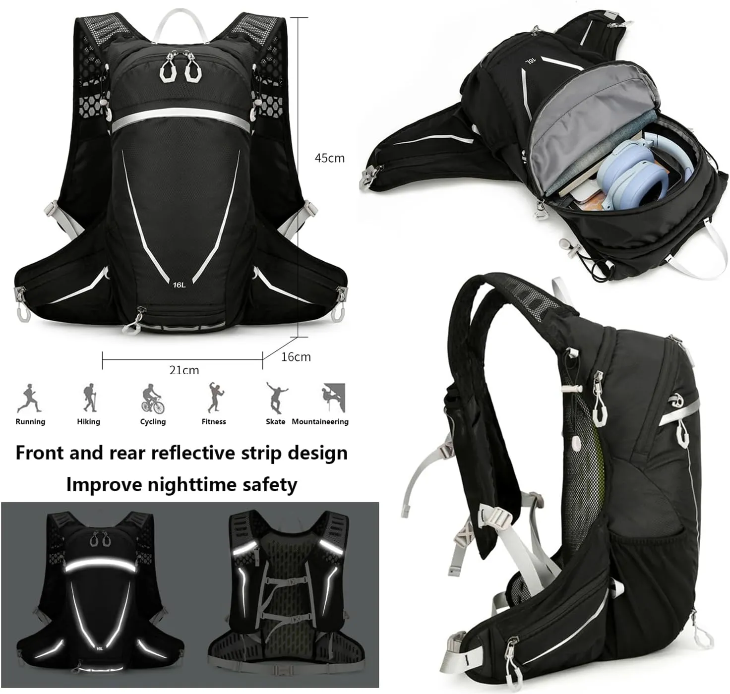 Climbing Backpack with Helmet Storage Waterproof, Water Hydration Backpack Outdoor Sport Bag Cycling Camping Climbing (Black,16L)