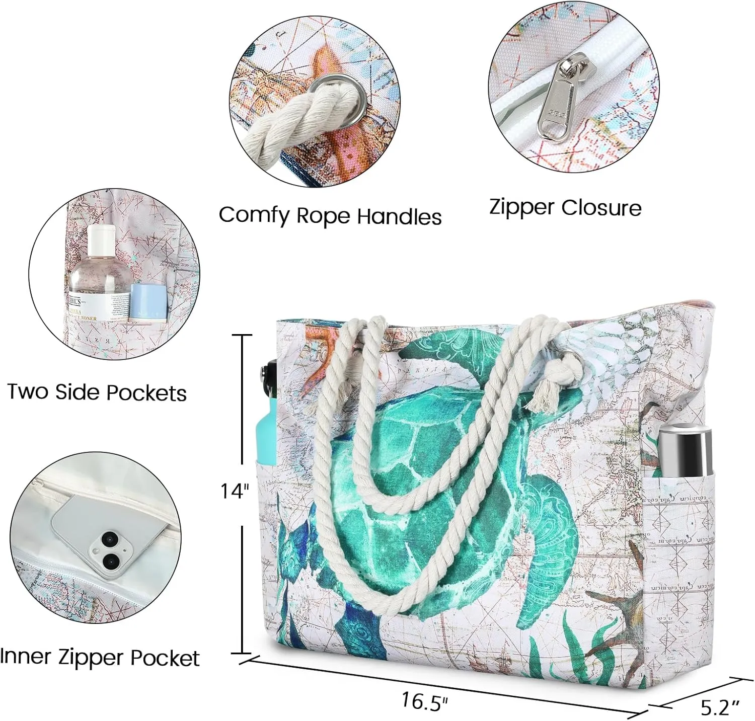Clothirily Beach Bag for Women - Large Beach Tote Bag, Waterproof Sandproof Beach Bag with Zipper, Large Swim Pool Beach Tote
