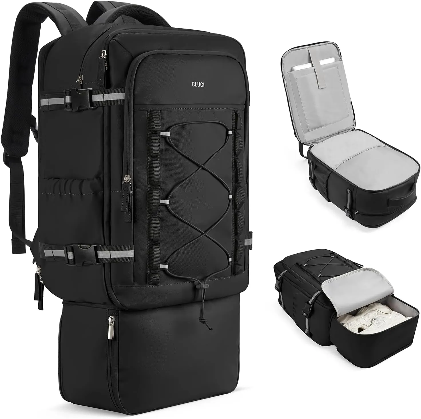 CLUCI Travel Backpack 30L, Waterproof Laptop Backpack Fits 17.3 Inch Laptop, Carry On Backpack with shoe compartment, Durable Expandable Go Bag, Large Hiking Backpack for Men Women（Black）