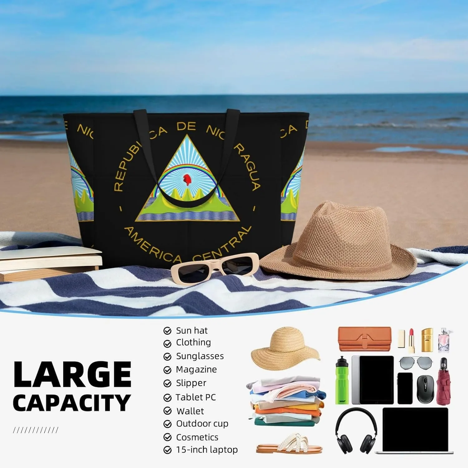 Coat Of Arms Of Nicaragua Tote Bag With 8 Storage Pockets Top Zip Shoulder Bag Handbag For Travel Work Women
