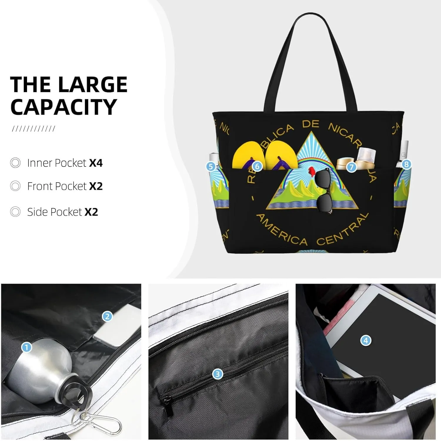 Coat Of Arms Of Nicaragua Tote Bag With 8 Storage Pockets Top Zip Shoulder Bag Handbag For Travel Work Women