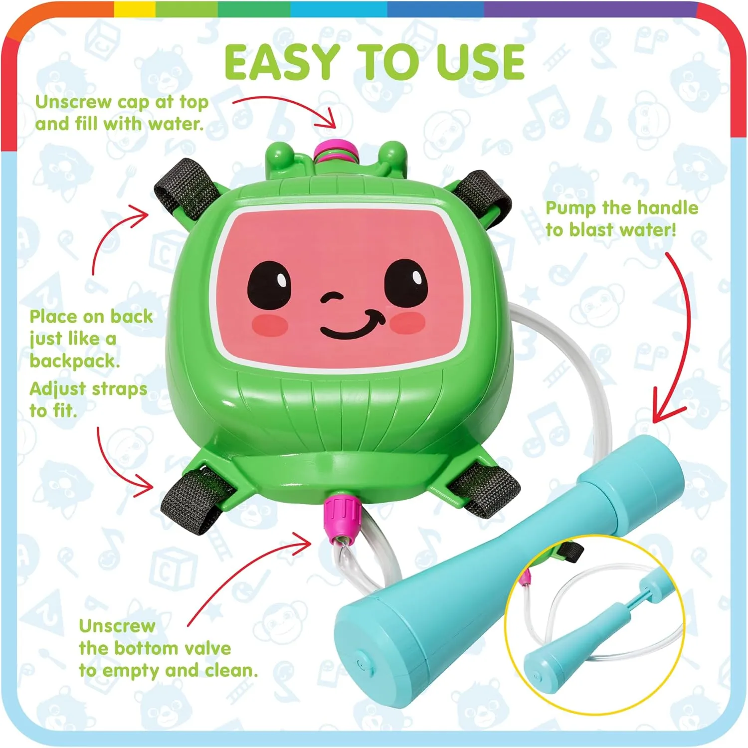 Cocomelon Water Backpack Water Toy, Outdoor Water Blaster for Kids