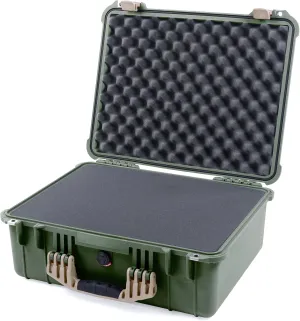 ColorCase Pelican 1550 Case OD Green - Medium Size Waterproof Case with Pick & Pluck Foam Set & Convoluted Lid Foam - Desert Tan Handles & Latches
