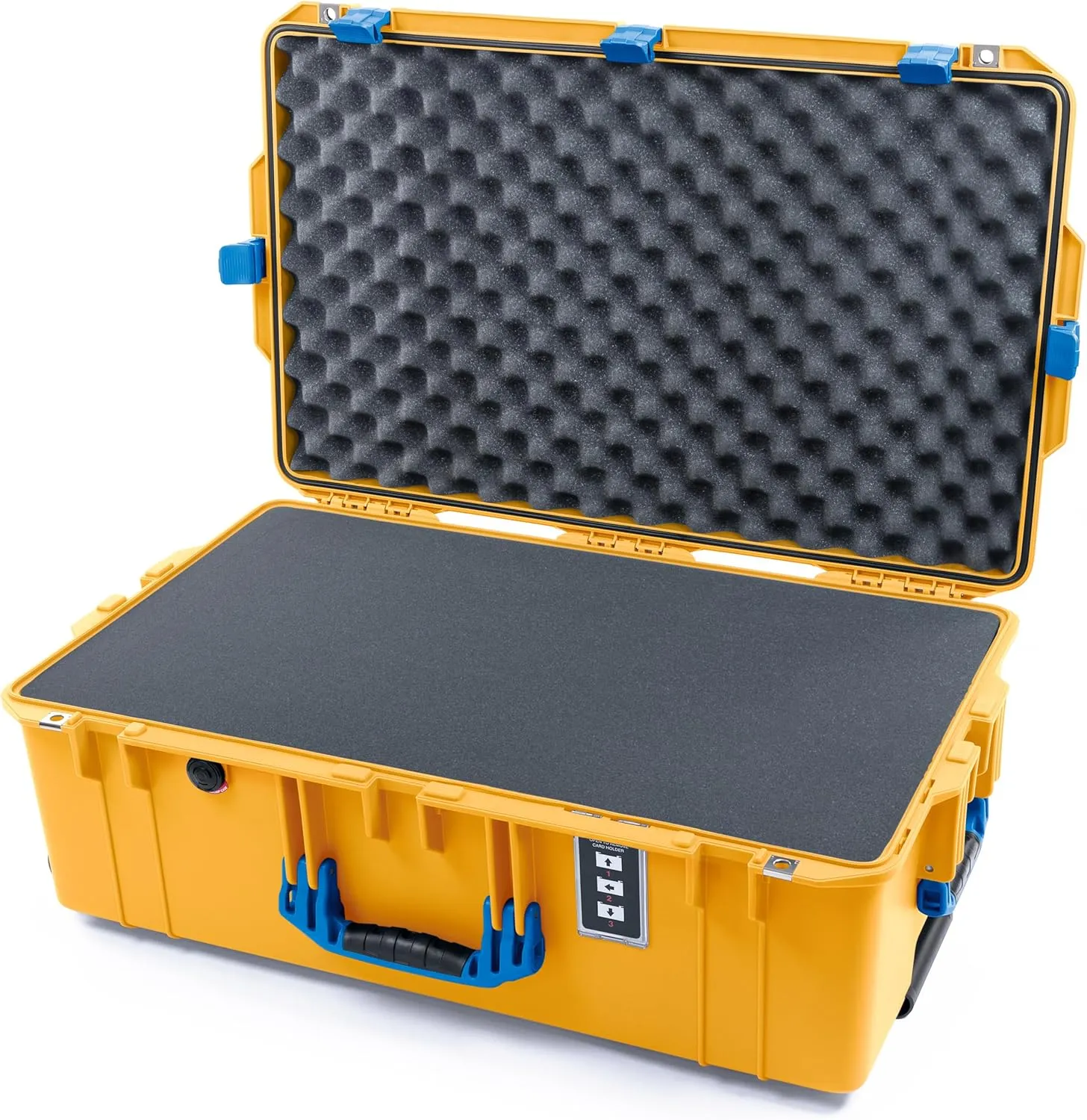 ColorCase Pelican 1595 Case Yellow - Large Sized Waterproof Case with Pick & Pluck Foam & Convoluted Lid Foam - Blue Handles & Latches