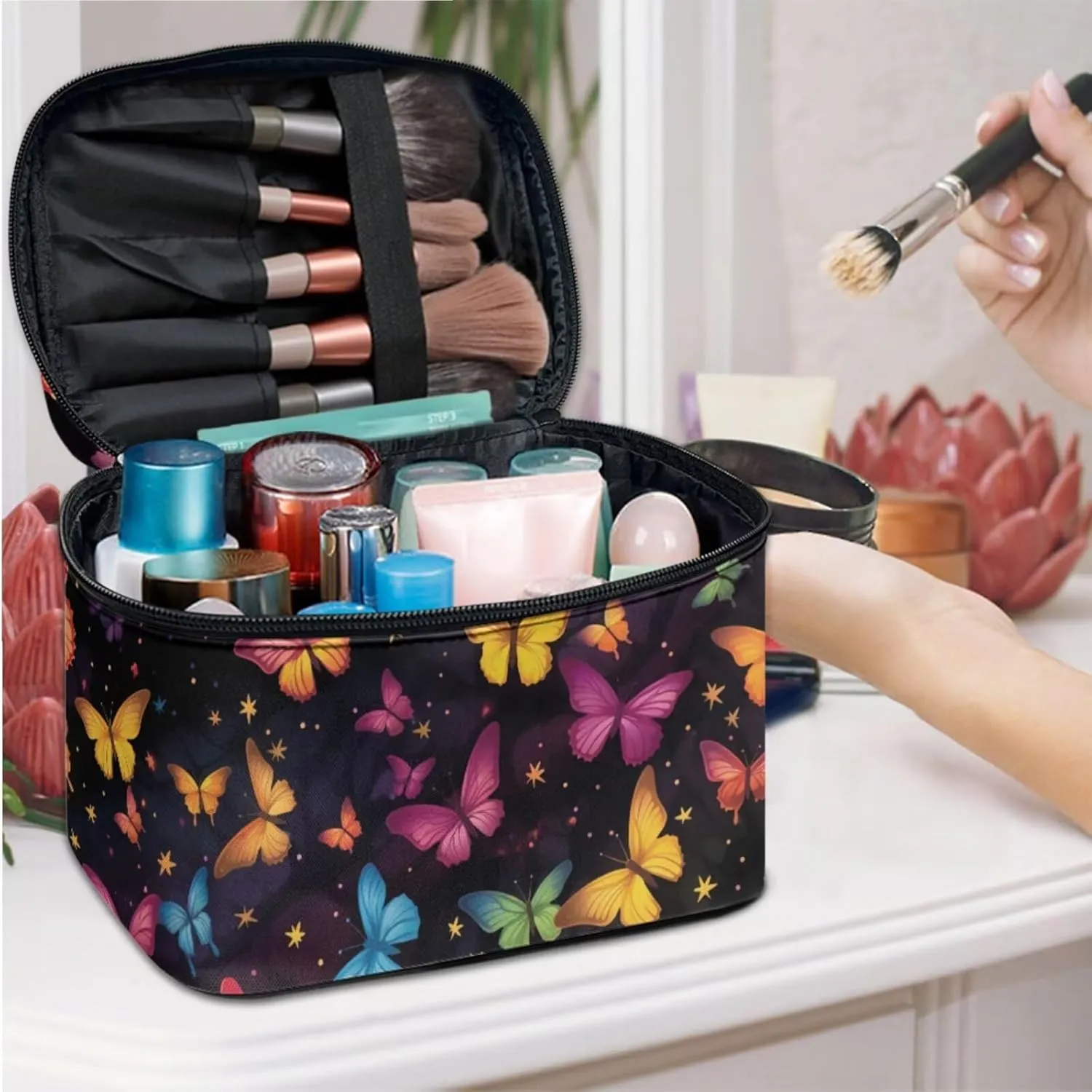 Colorful Butterfly Large Makeup Bag Toiletry Bag for Women, Butterflies Travel Make Up Organizer Bag Cosmetic Case Travel Essential