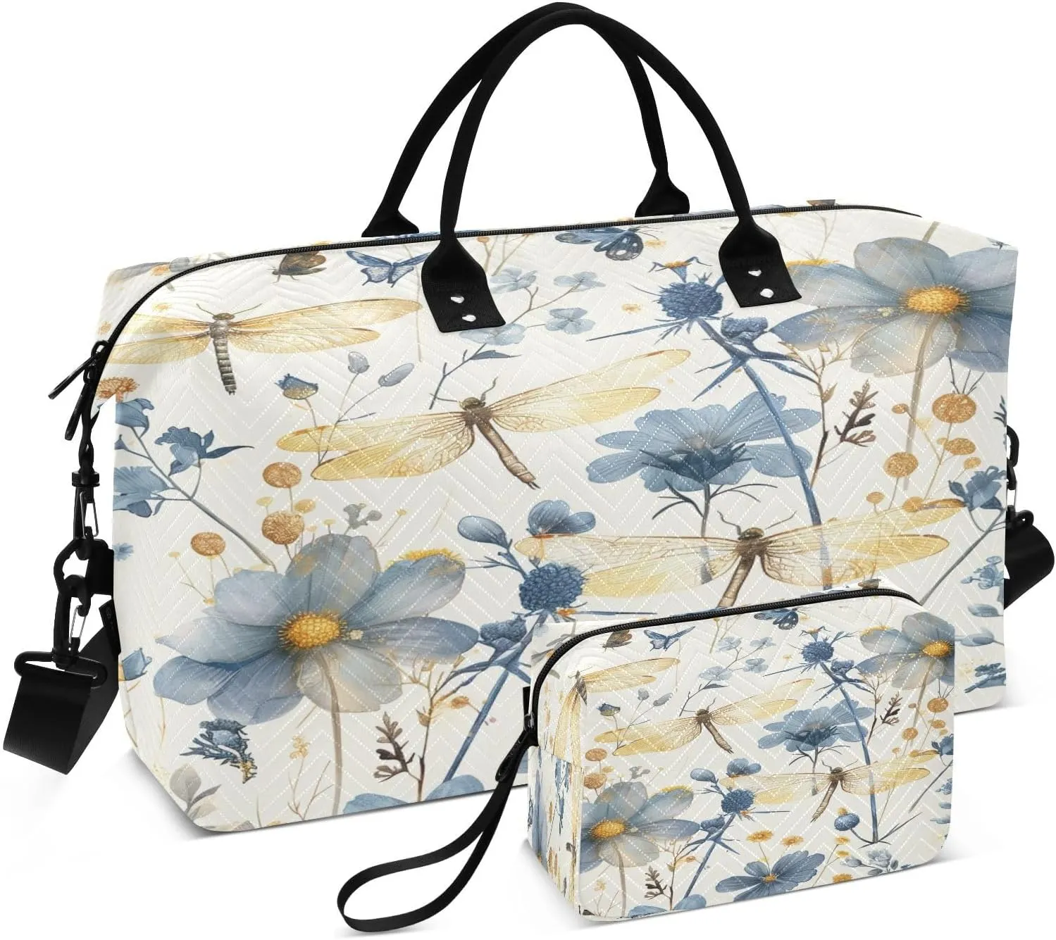 Colorful Butterfly Wildflower Quilted Weekender Travel Bag with Toiletry Bag Gym Tote Handbag Carry On Duffel Bags-2Pack