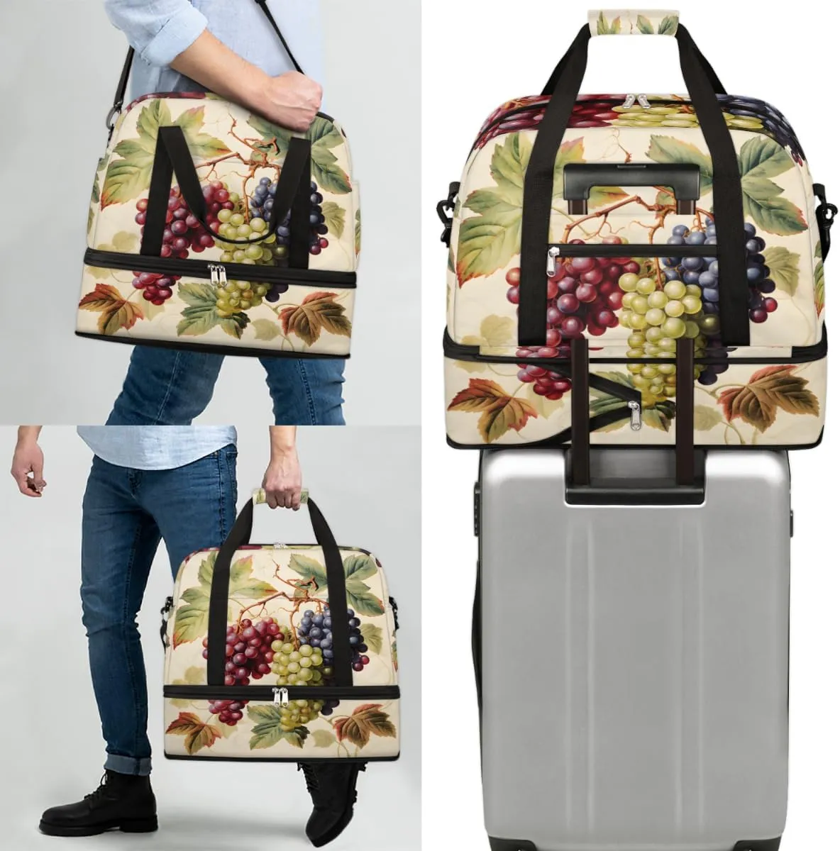 Colorful Grapes Foldable Travel Duffel Bag Overnight Weekender Bag with Shoes Compartment Sports Gym Bag for Men Women