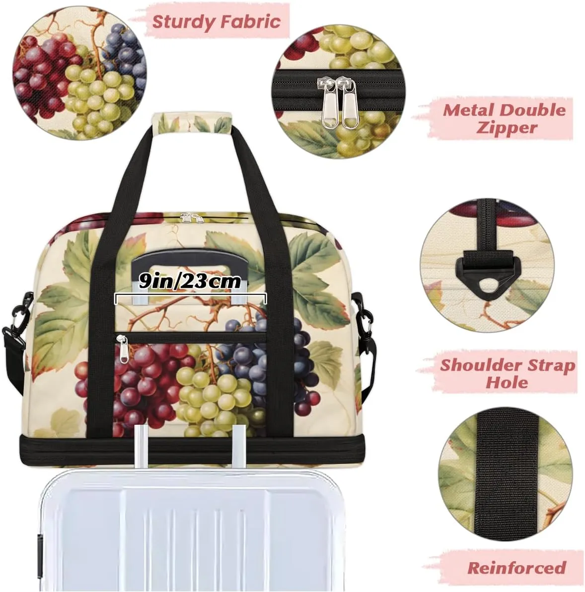Colorful Grapes Foldable Travel Duffel Bag Overnight Weekender Bag with Shoes Compartment Sports Gym Bag for Men Women