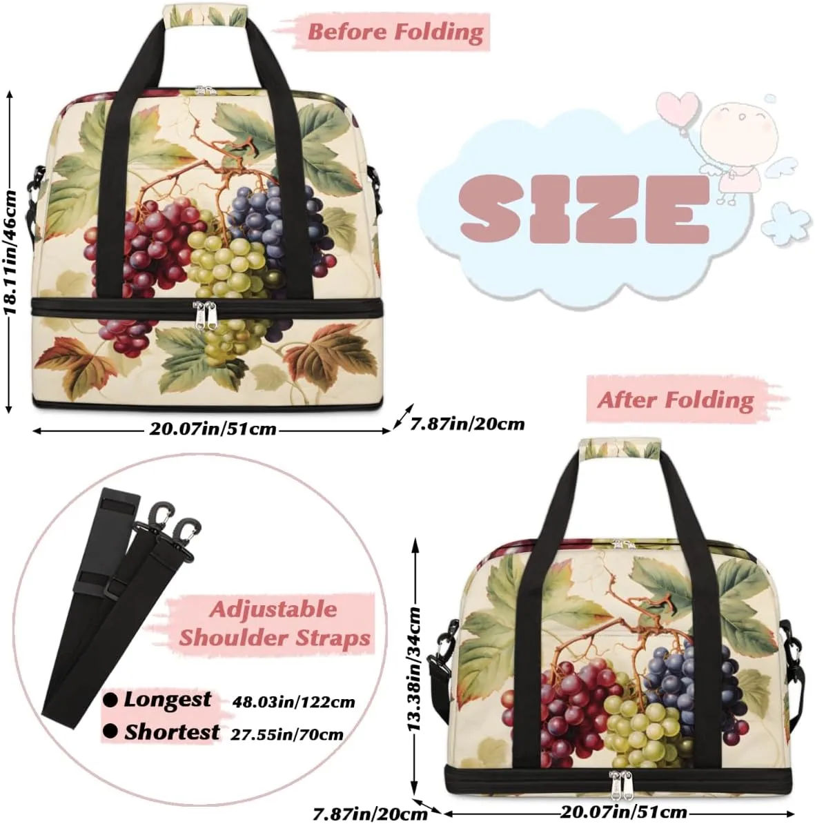Colorful Grapes Foldable Travel Duffel Bag Overnight Weekender Bag with Shoes Compartment Sports Gym Bag for Men Women