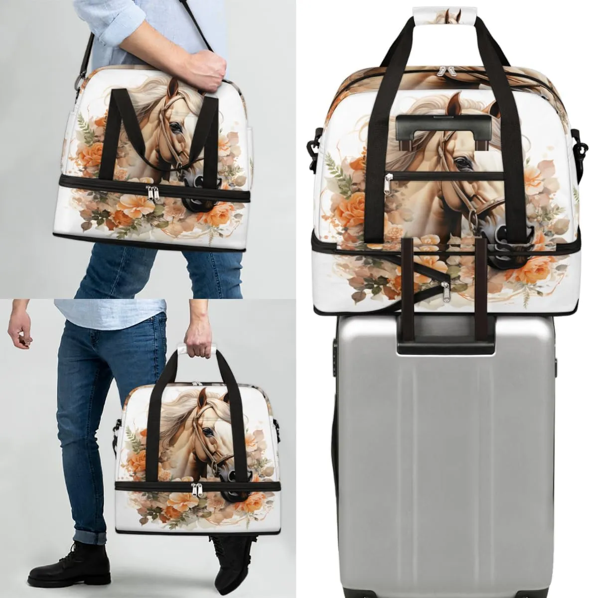 Colorful Horse Pattern Foldable Travel Duffel Bag Overnight Weekender Bag with Shoes Compartment Sports Gym Bag for Men Women