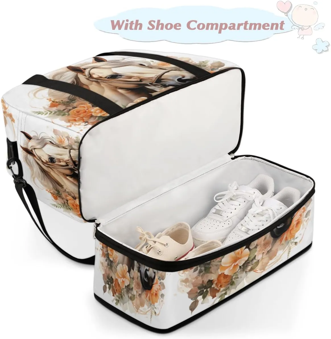 Colorful Horse Pattern Foldable Travel Duffel Bag Overnight Weekender Bag with Shoes Compartment Sports Gym Bag for Men Women