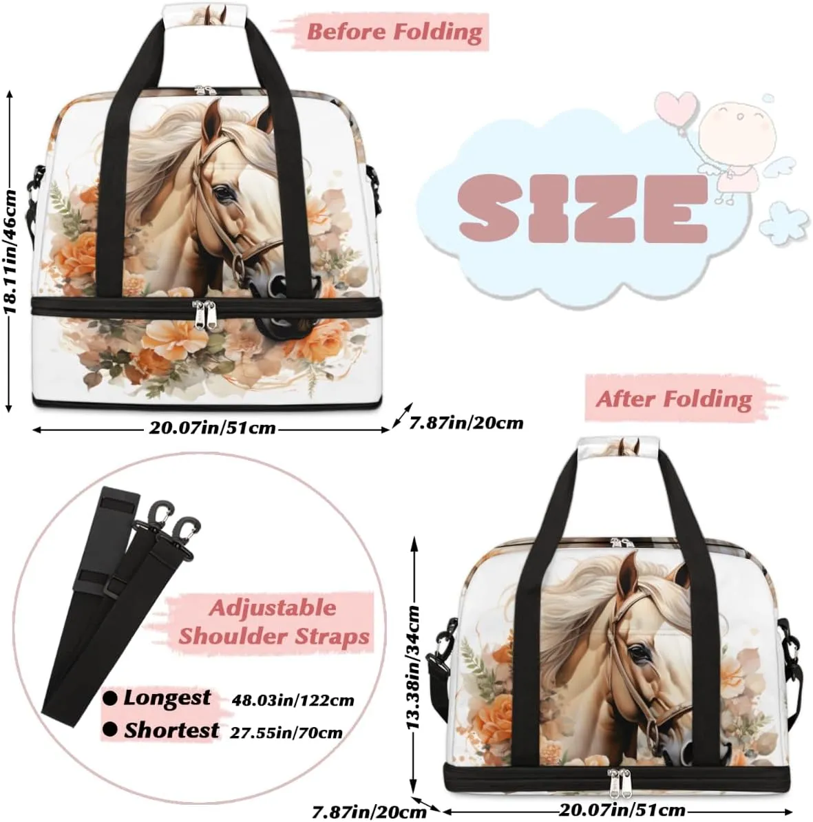 Colorful Horse Pattern Foldable Travel Duffel Bag Overnight Weekender Bag with Shoes Compartment Sports Gym Bag for Men Women