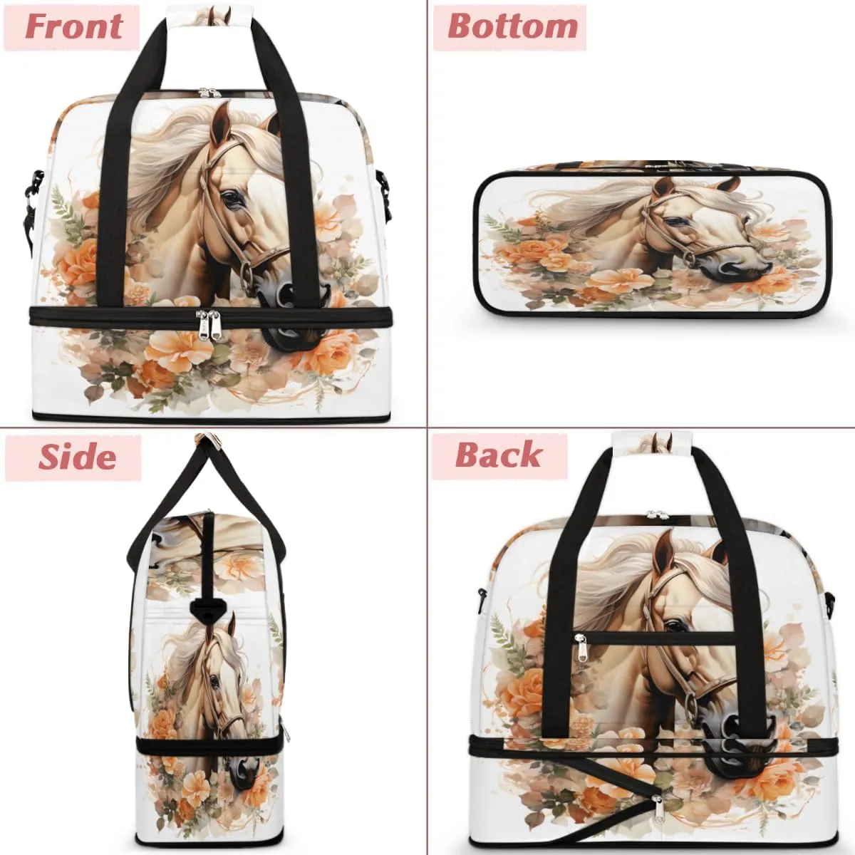 Colorful Horse Pattern Foldable Travel Duffel Bag Overnight Weekender Bag with Shoes Compartment Sports Gym Bag for Men Women