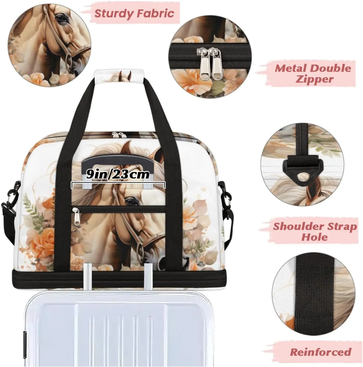 Colorful Horse Pattern Foldable Travel Duffel Bag Overnight Weekender Bag with Shoes Compartment Sports Gym Bag for Men Women