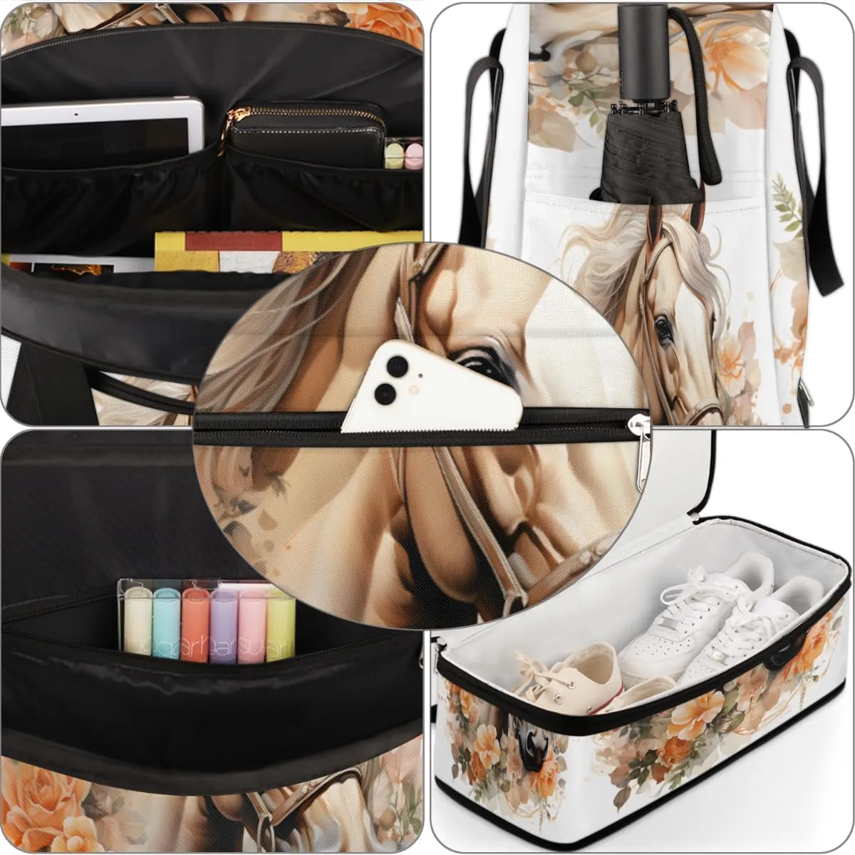 Colorful Horse Pattern Foldable Travel Duffel Bag Overnight Weekender Bag with Shoes Compartment Sports Gym Bag for Men Women