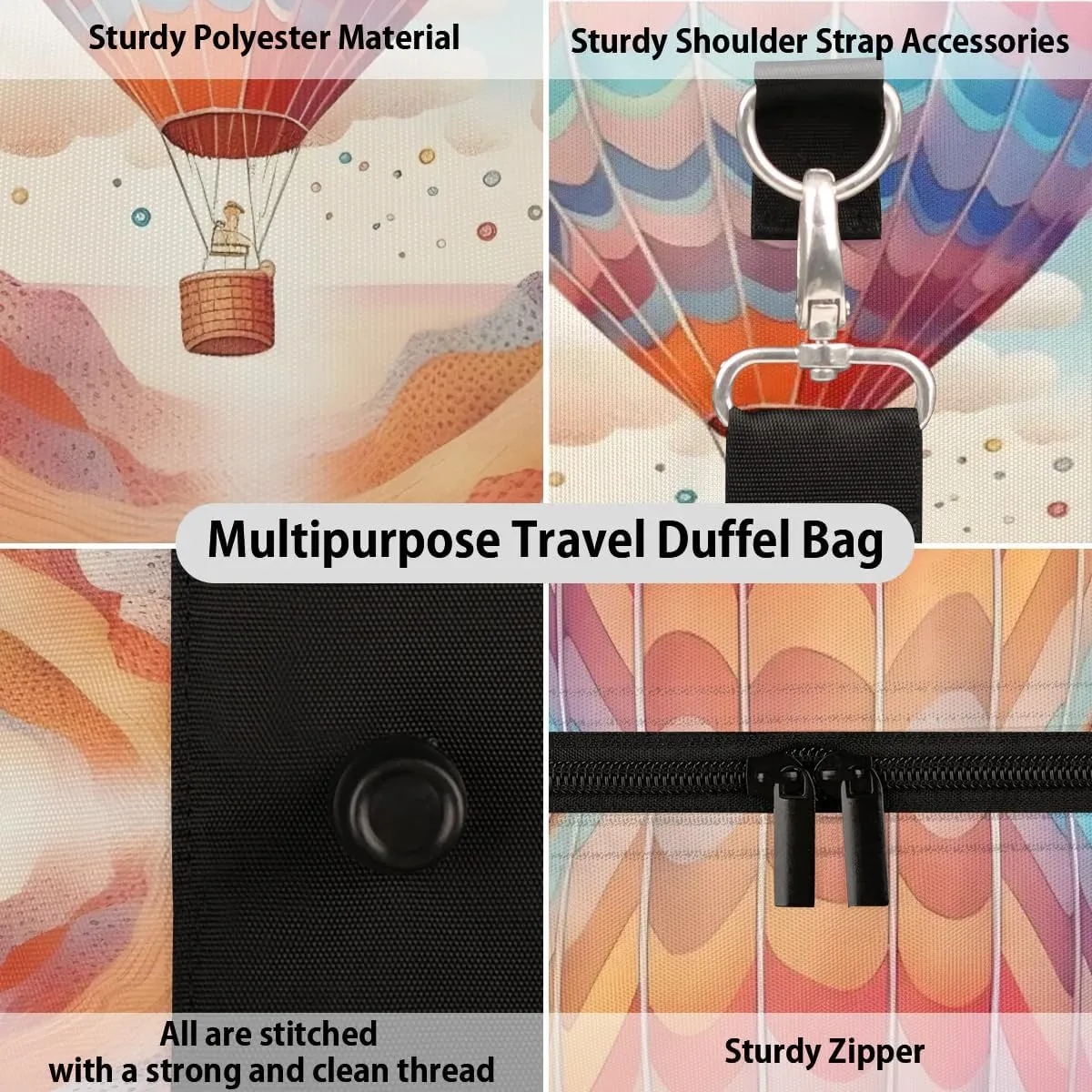 Colorful Hot Air Balloon Travel Duffel Bag for Women Men Waterproof Foldable Overnight Weekender Bag Large Capacity Sports Gym Bag